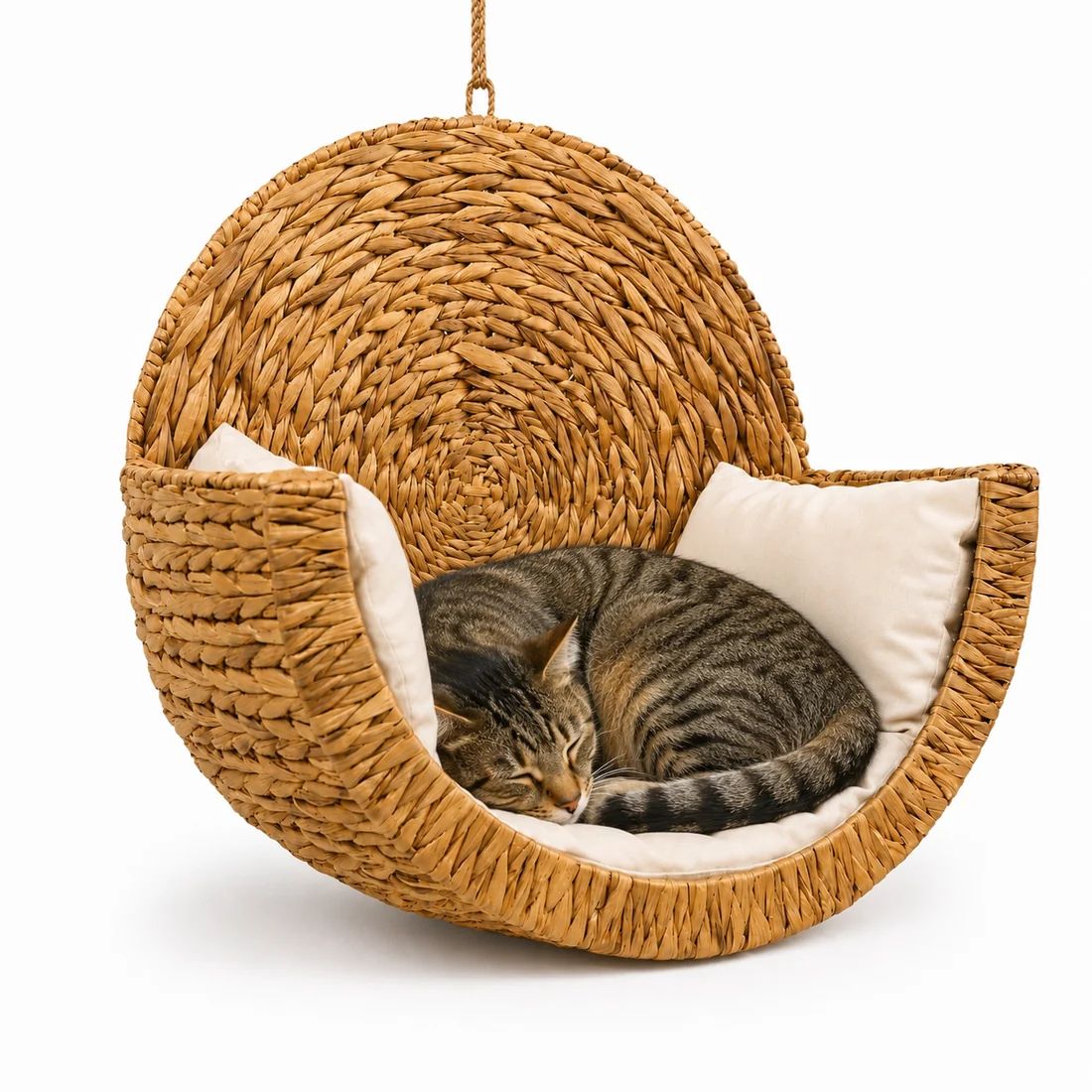 Tabby cat curled up in a natural woven CozyMeow bed
