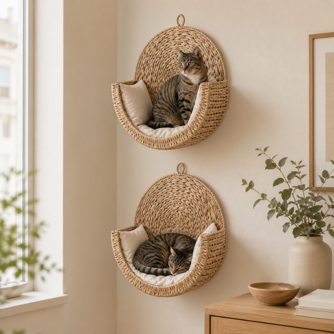 Two CozyMeow beds arranged as a cat wall for two cats