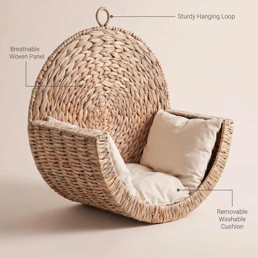 CozyMeow woven panel, hanging loop and washable cushion features
