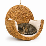 Tabby cat curled up in a natural woven CozyMeow bed